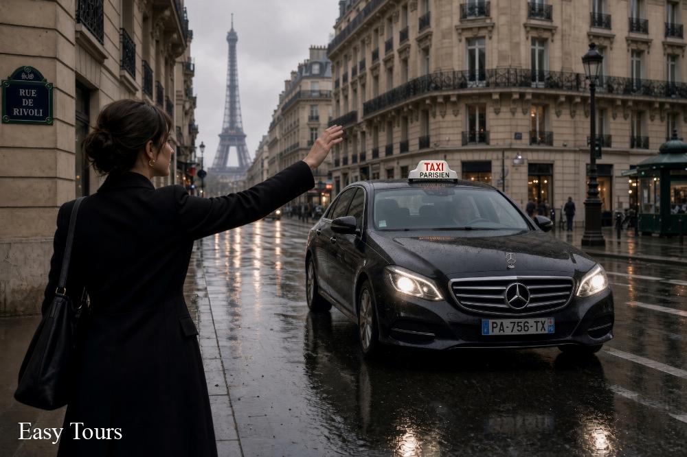 hailing a taxi on the streets of Paris