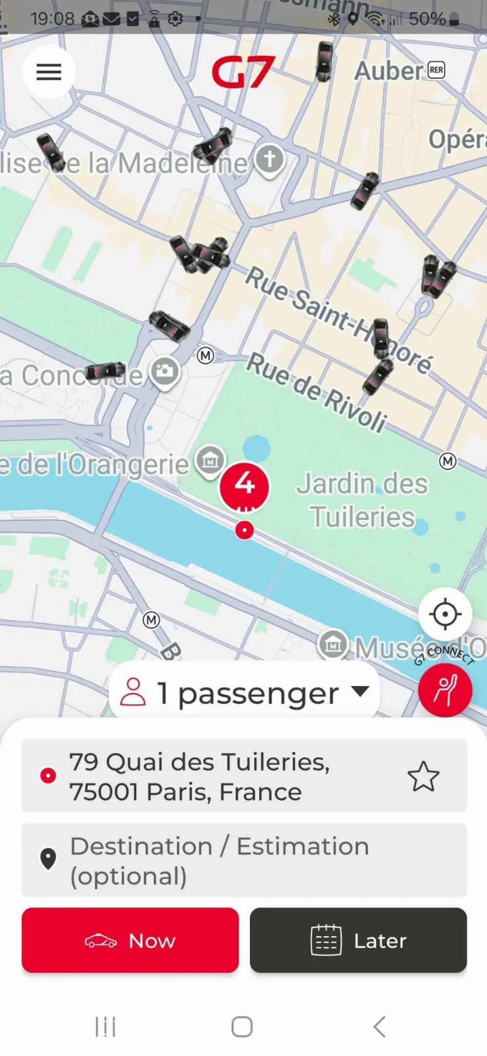 Screenshot of from the G7 app for Paris Taxi 